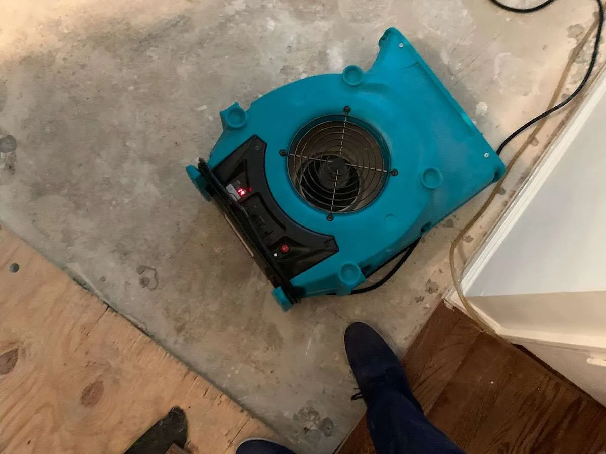 Air mover drying subfloor during Commercial Water Damage Restoration in Chesterton
